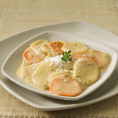 Sweet & White Scalloped Potatoes with Parmesan & Thyme