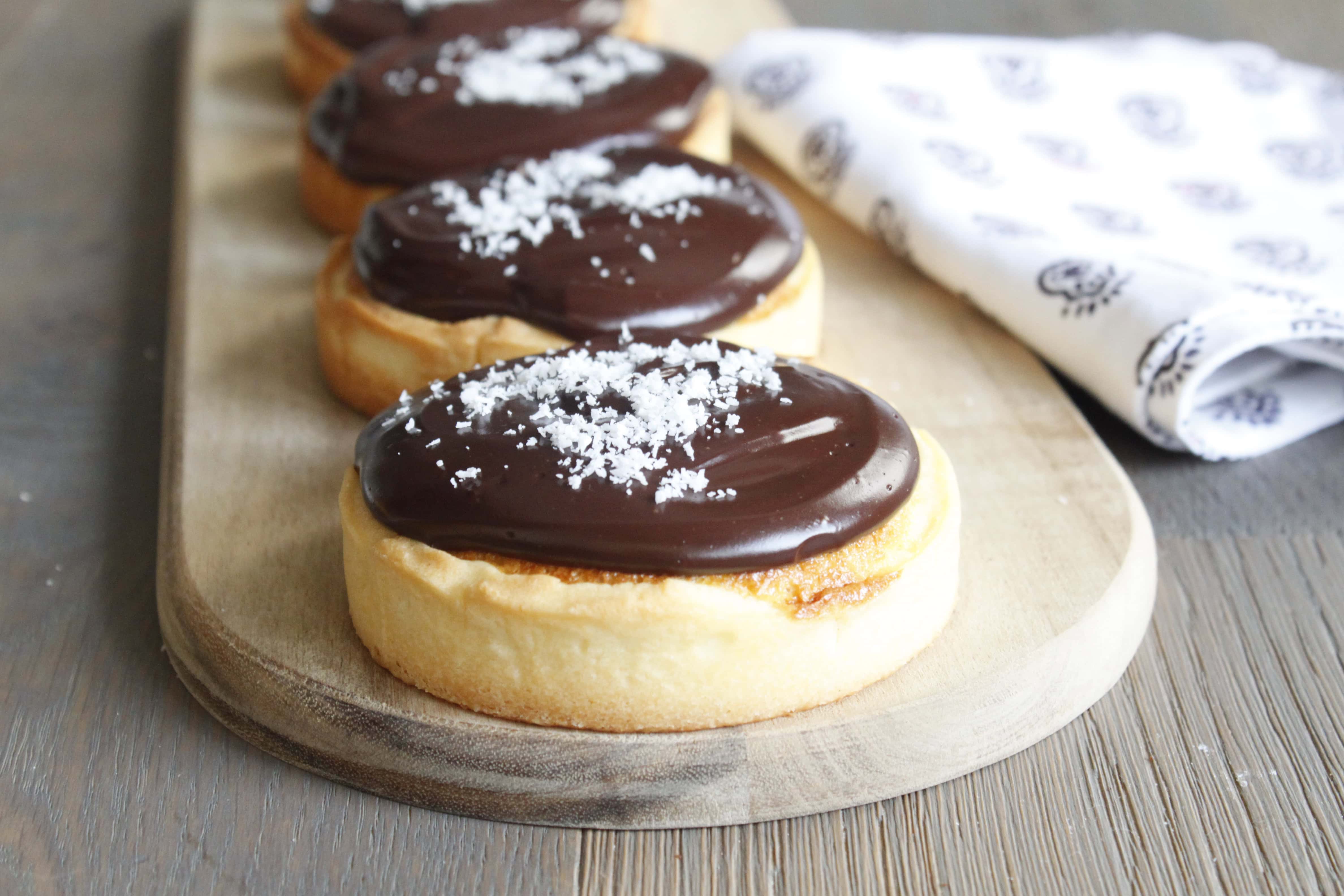 Coconut flan tarts and 80% dark chocolate ganache