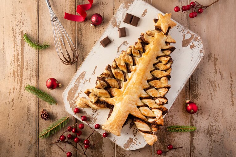Dark chocolate puff pastry tree