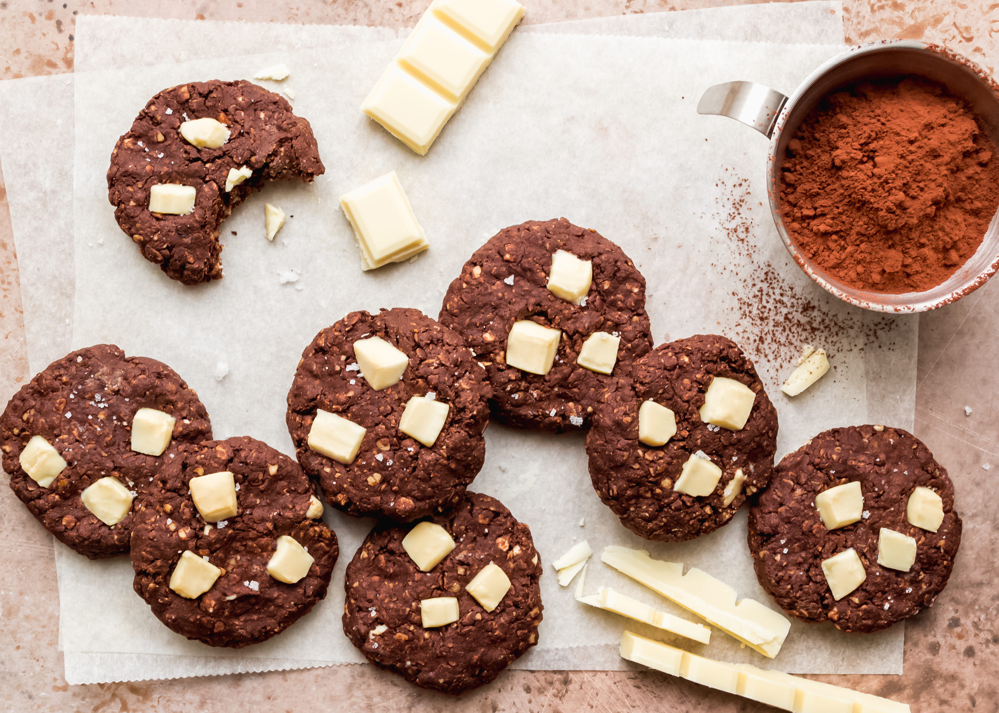 Cocoa and oat cookies with white chocolate chips