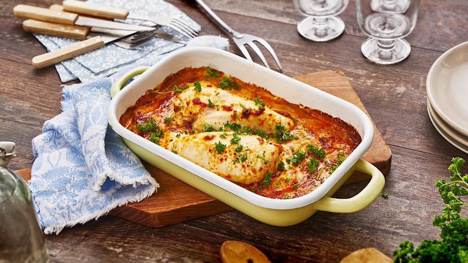 Paprika-Sahne Hähnchen im Kartoffelbett