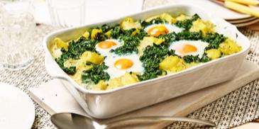 Spiegeleier-Gratin mit Kartoffeln und Spinat