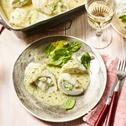 Gratinierte Schollenröllchen mit Kräuter-Senf-Sauce