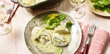 Gratinierte Schollenröllchen mit Kräuter-Senf-Sauce