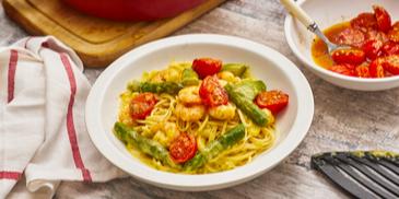 Spaghetti mit Spargel-Garnelen-Hollandaise