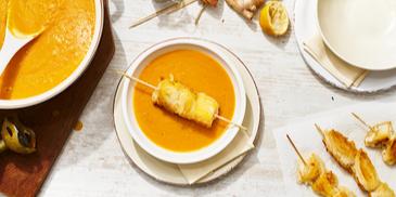 Kürbis-Süßkartoffelsuppe mit Mango-Tempura