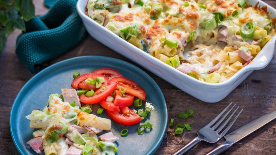Nudel-Schinken-Gratin mit Lauch
