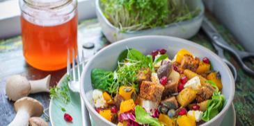 Kürbis-Brotsalat mit gebratenen Kräuterseitlingen