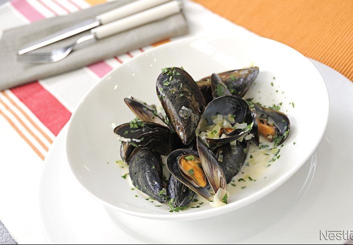 Mejillones con sidra a la crema