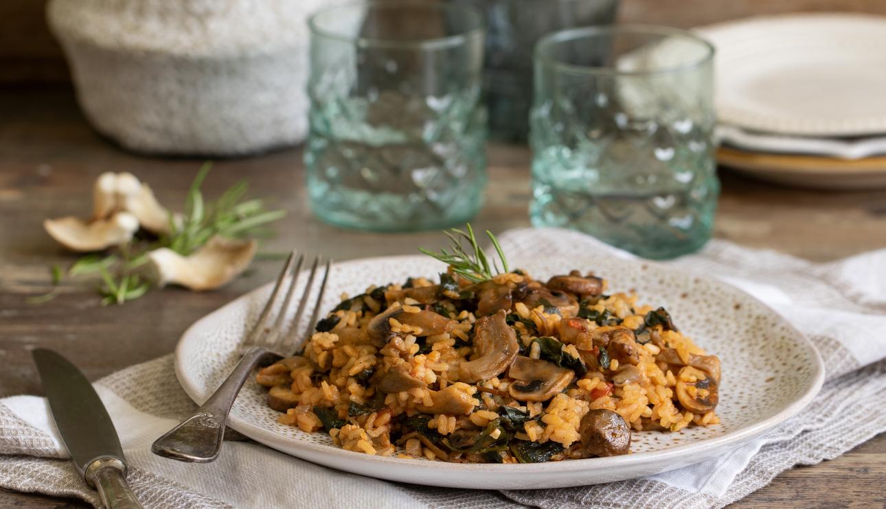 Arroz con setas y espinacas