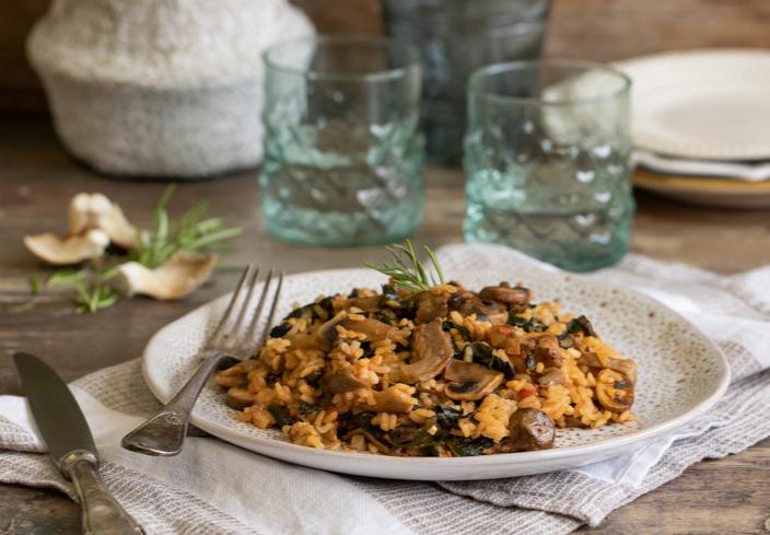 Arroz con setas y espinacas