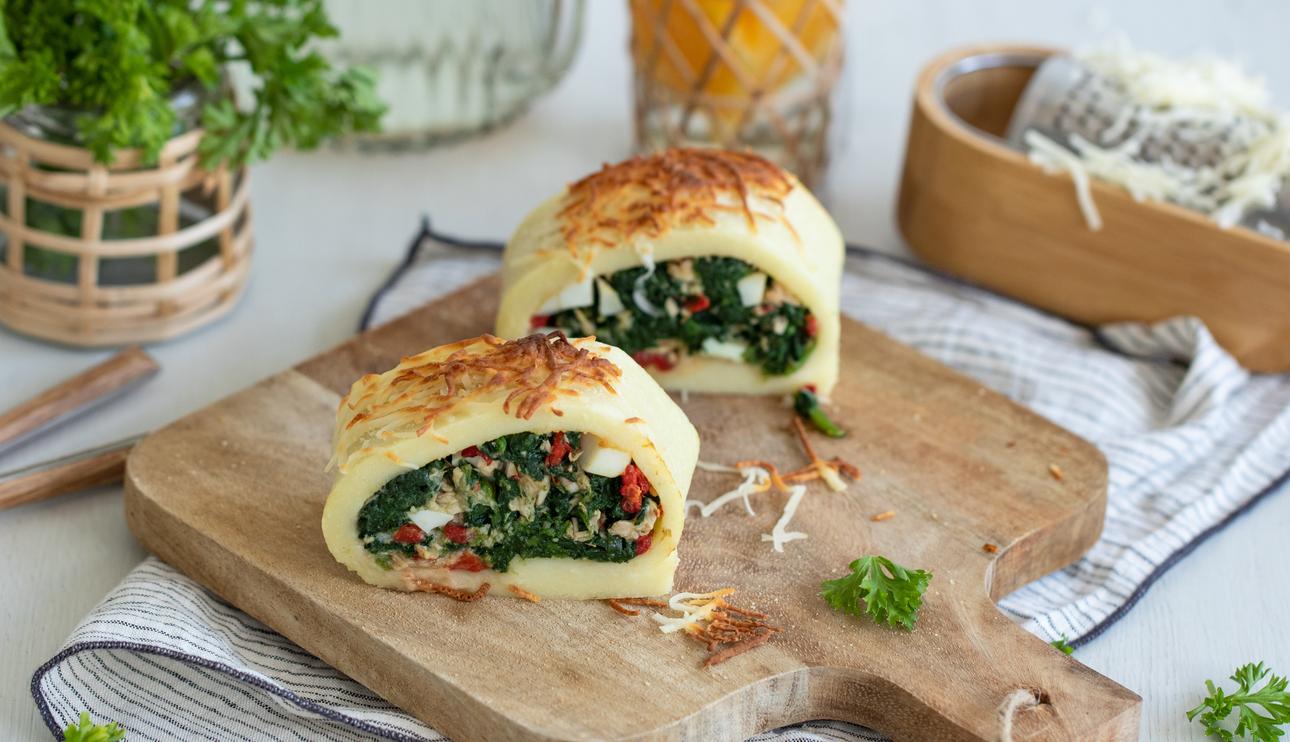 Pastel de puré de patatas con espinacas y atún