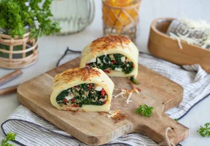 Pastel de puré de patatas con espinacas y atún