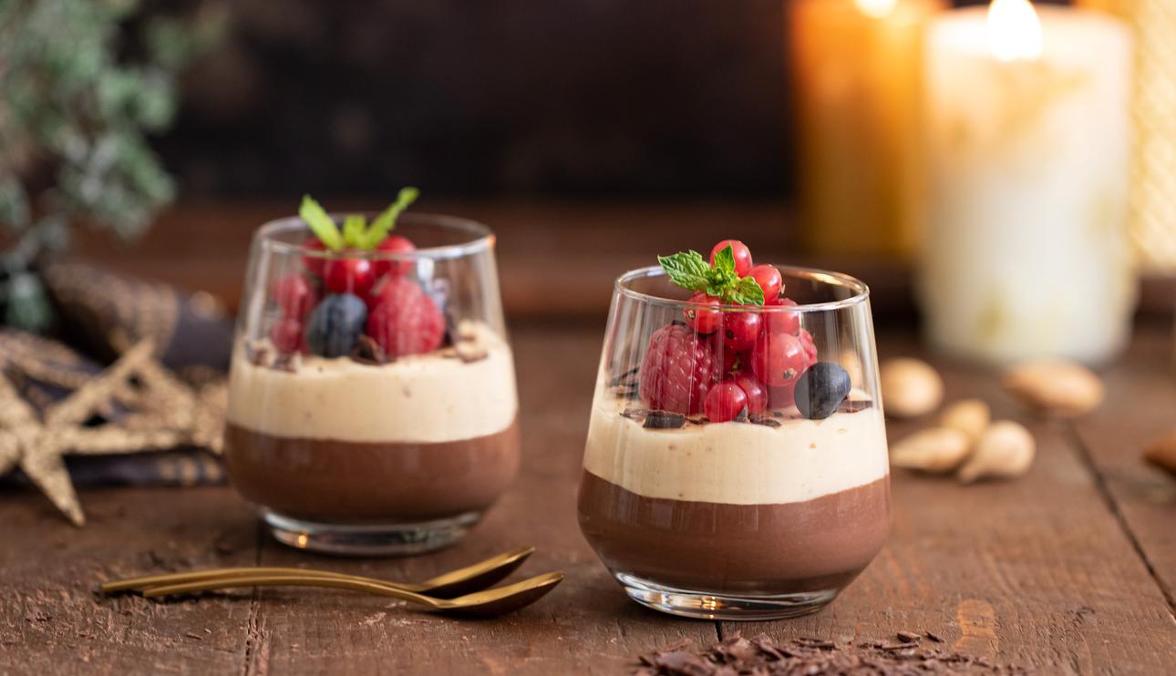 Crema de chocolate negro 70% y mousse de turrón de Jijona
