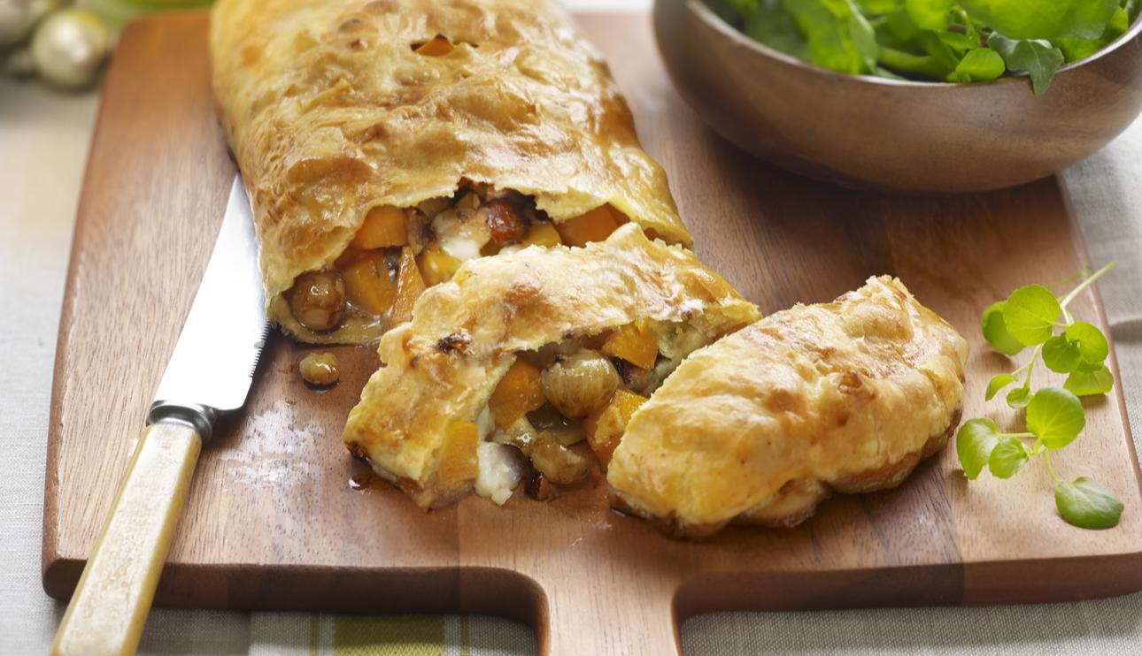 Wellington vegetariano de calabaza y cebolla caramelizada