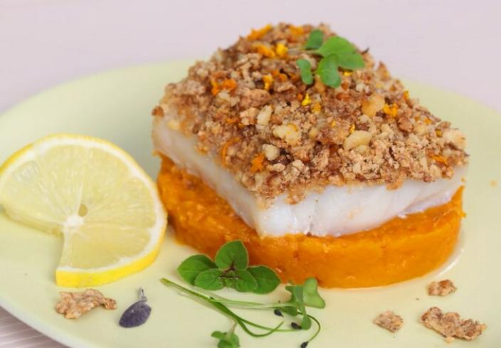 Rodaja de bacalao con puré de boniato