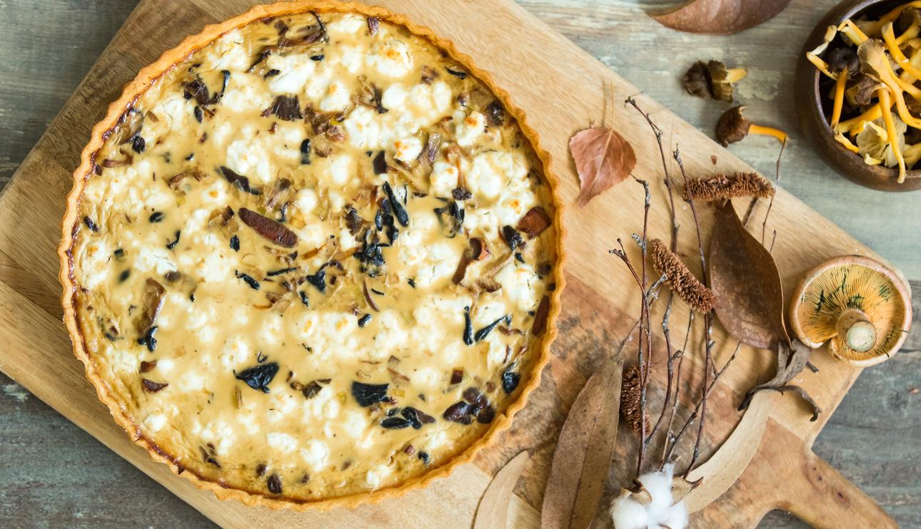 Quiche de puerros y queso de cabra con setas