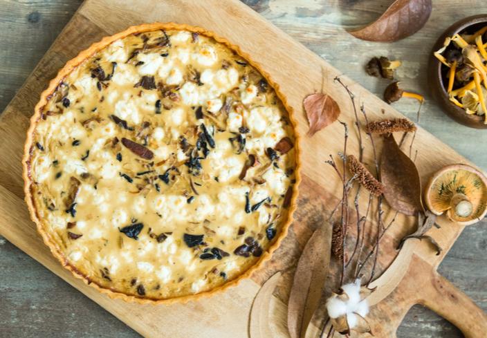 Quiche de puerros y queso de cabra con setas