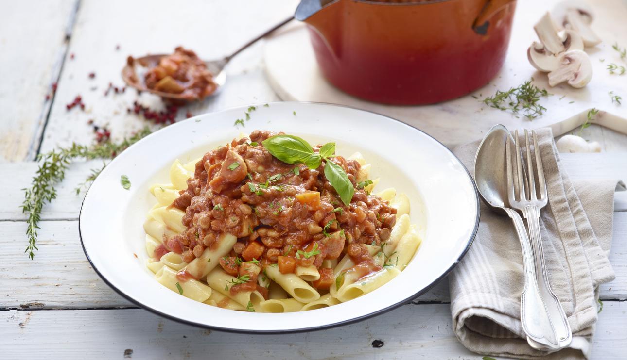 Salsa Boloñesa de lentejas con pasta