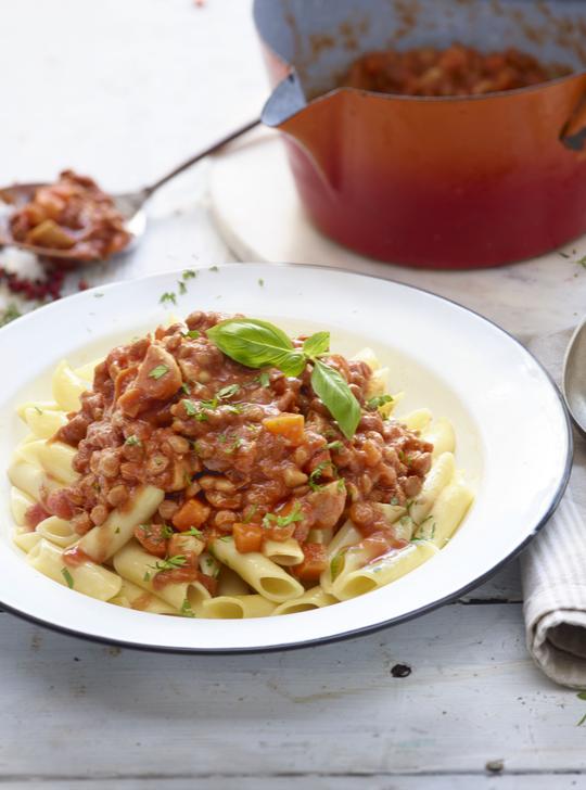 Salsa Boloñesa de lentejas con pasta