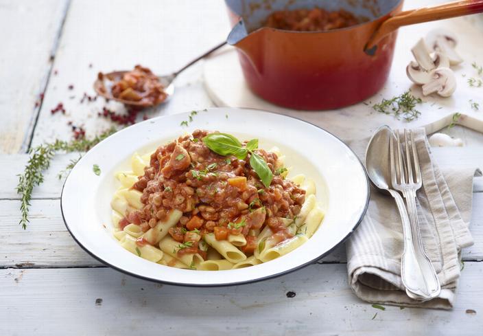 Salsa Boloñesa de lentejas con pasta