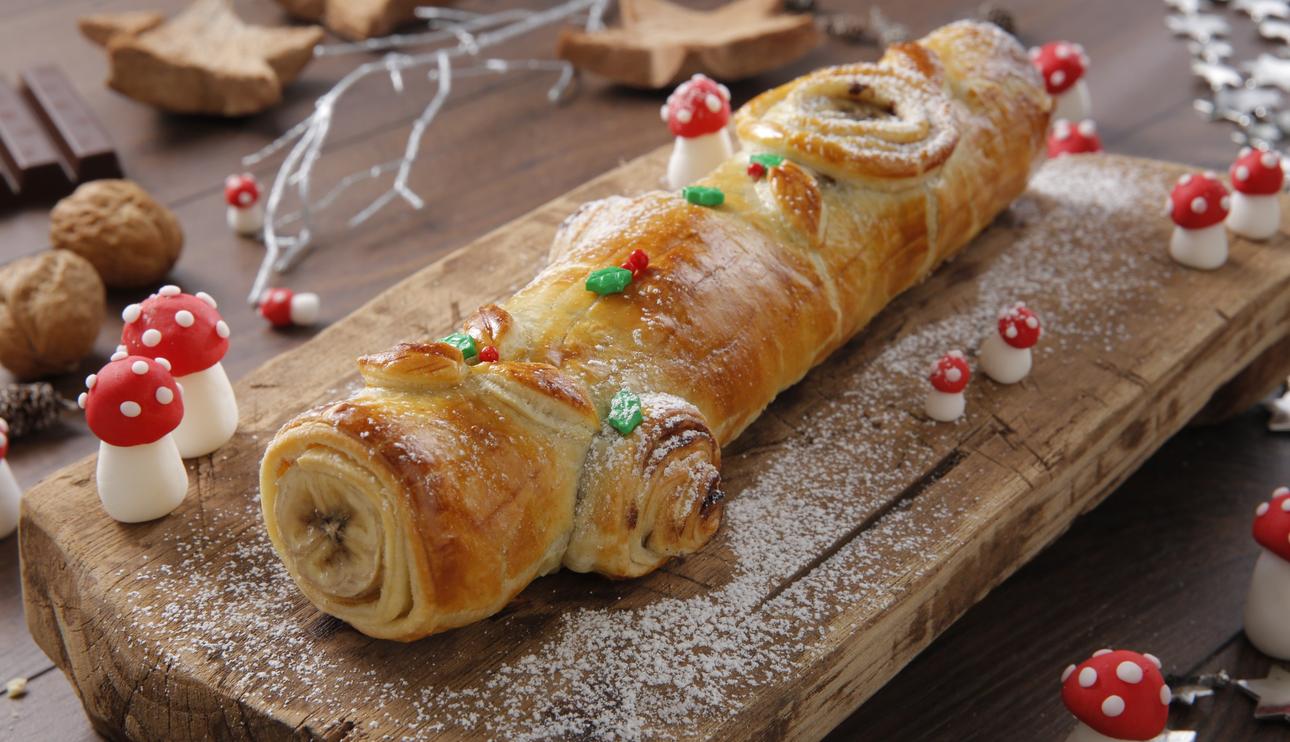 Tronco de Navidad de hojaldre con chocolate