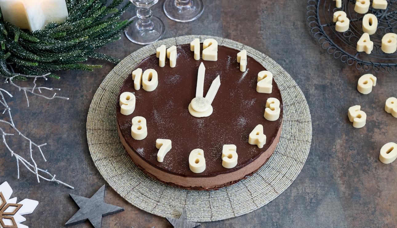 Tarta reloj tres chocolates para Noche vieja