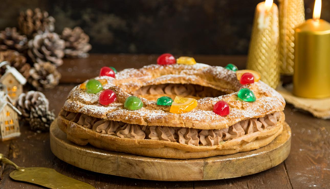 Roscón de Reyes Paris Brest de masa choux relleno de trufa de chocolate crema de avellana