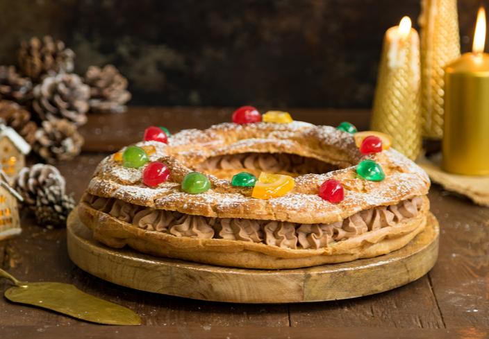 Roscón de Reyes Paris Brest de masa choux relleno de trufa de praliné