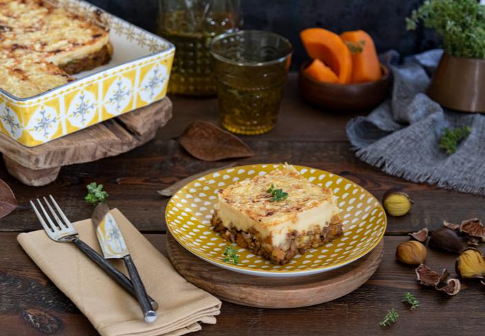 Pastel de patata y carne con calabaza y castañas