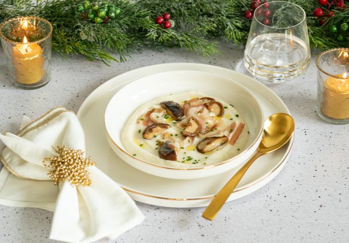 Cremoso de coliflor con panceta y shiitake