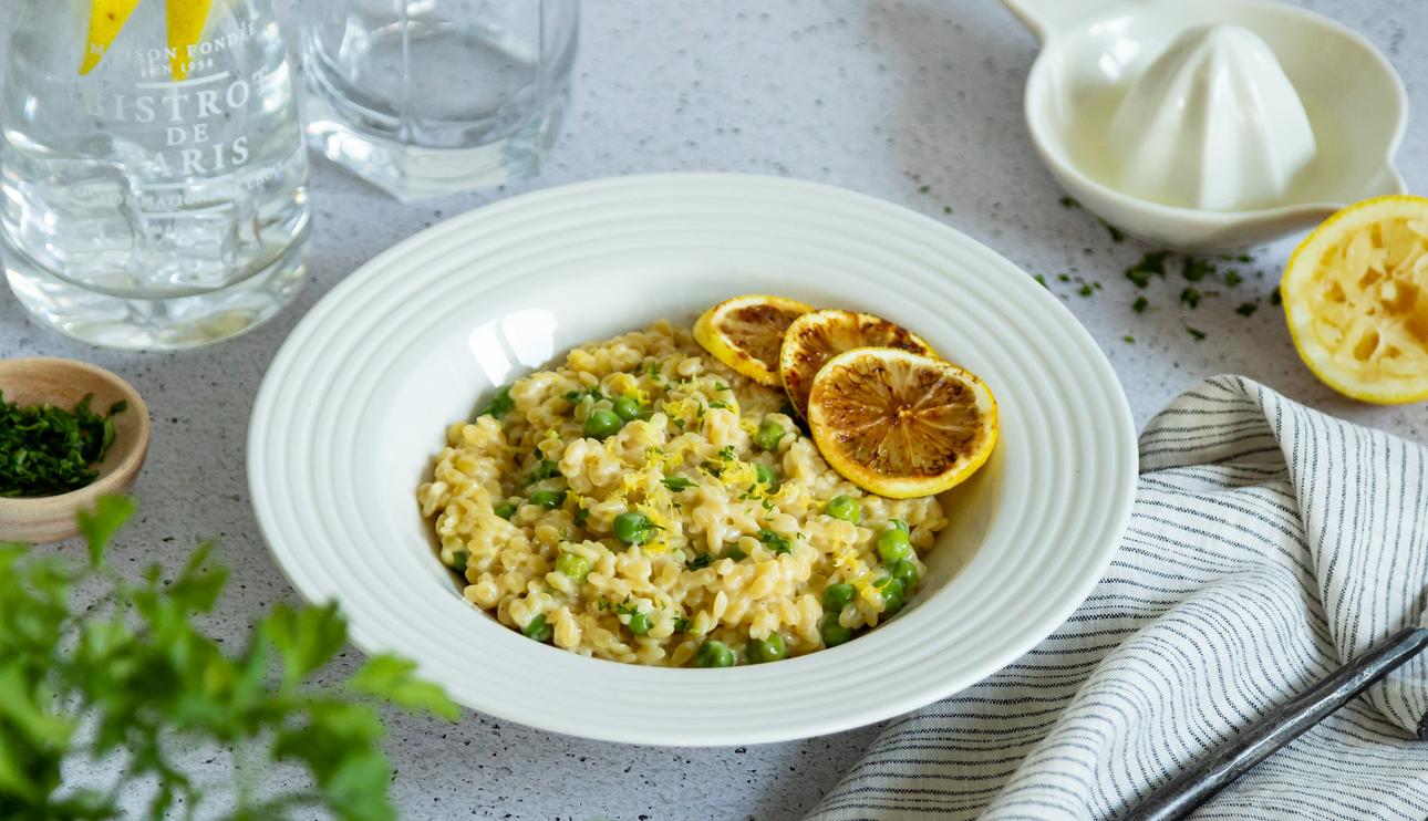 Falso risotto de limón y guisantes