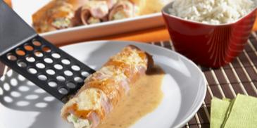 Gratinierte Schinkenröllchen mit Frischkäsefüllung