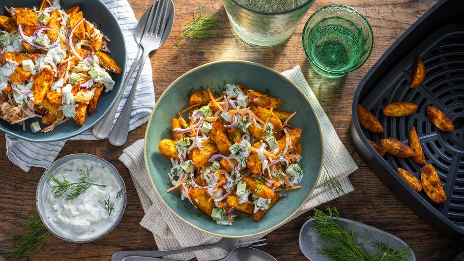 Knuspriger Kartoffelsalat im Airfryer mit Tzatziki
