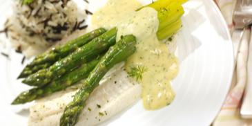 Spargel auf Schollenfilet mit leichter Dill-Hollandaise