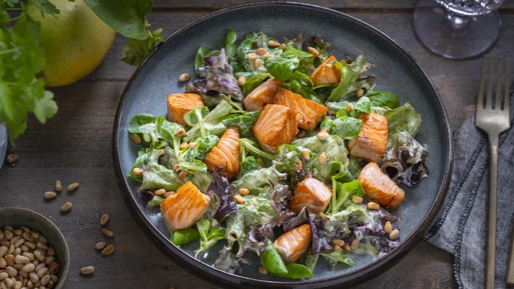 Blattsalat mit gebratenem Lachsfilet