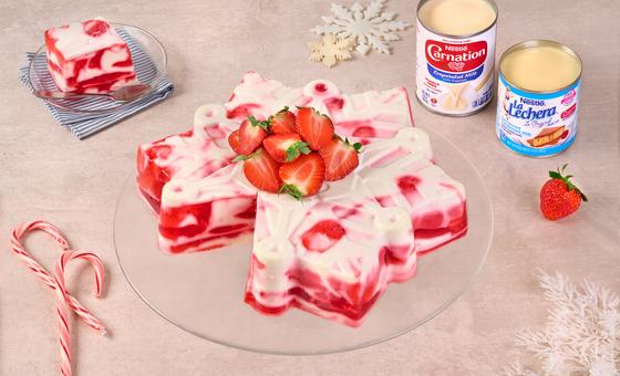 Strawberries with Cream Gelatin by LA LECHERA®, featuring strawberry and tres leches gelatin with condensed milk.