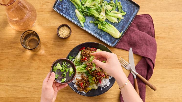 Reisnudeln mit Teriyaki-Hack