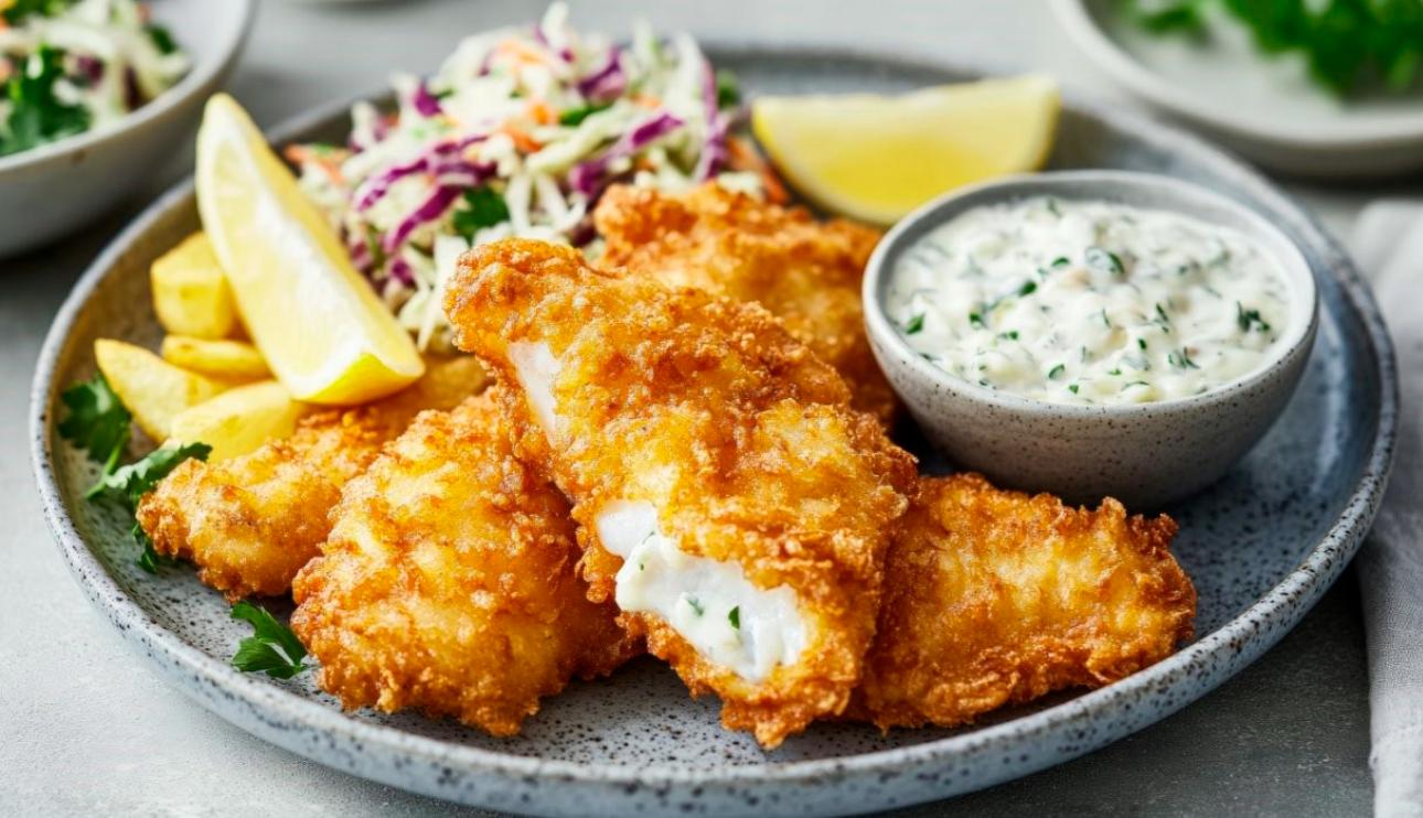 Pescado crujiente con ensalada de col