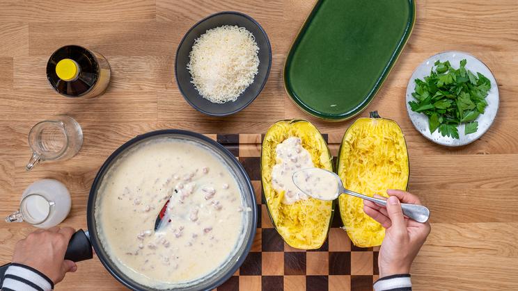 Spaghettikürbis Carbonara