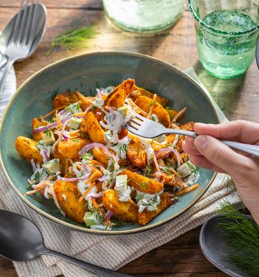 Knuspriger Kartoffelsalat im Airfryer mit Tzatziki