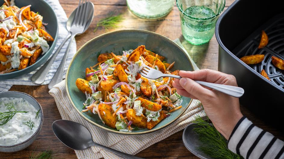 Knuspriger Kartoffelsalat im Airfryer mit Tzatziki