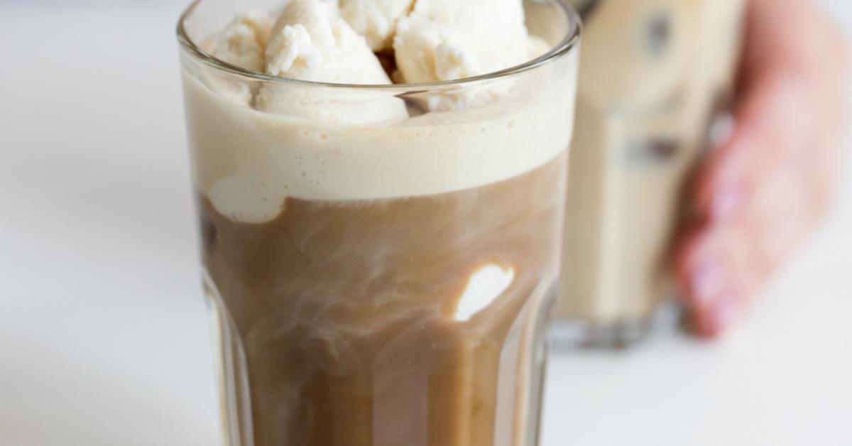 Coffee Ice Cream Floats by Seattle’s Best Coffeeᵀᴹ with ice cream, chocolate syrup, and brewed coffee in a glass.