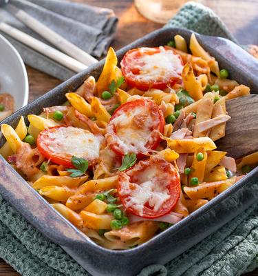 Penne-Gratin mit Schinken und Erbsen