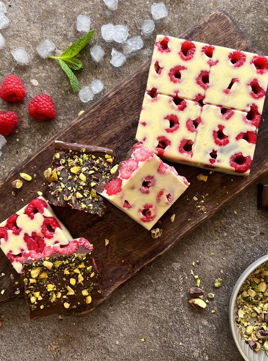 Tableta de frambuesas y doble chocolate