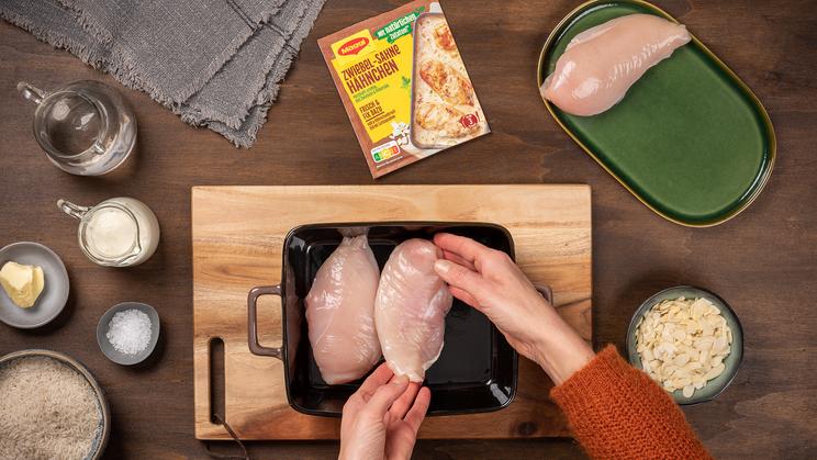 Zwiebel-Sahne-Hähnchen mit Mandelreis