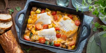 Kabeljau mit cremigem Ofengemüse