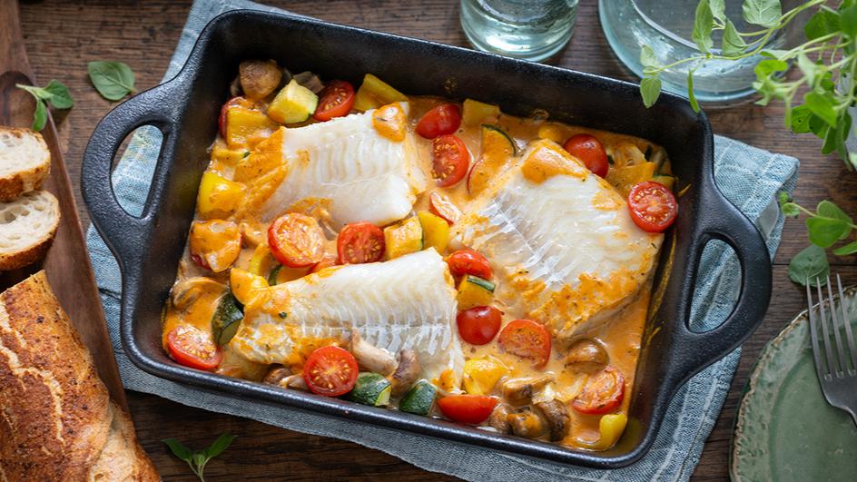 Kabeljau mit cremigem Ofengemüse