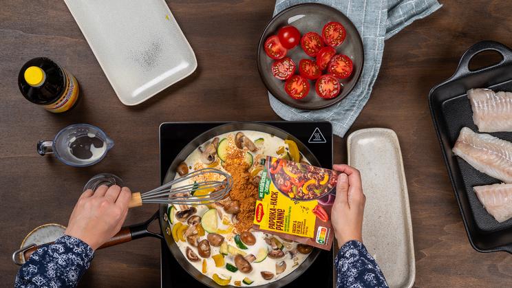 Kabeljau mit cremigem Ofengemüse