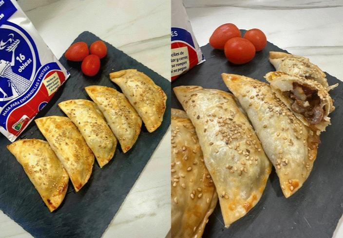 Empanadillas de cebolla caramelizada al Pedro Ximenez con champiñones y queso de cabra de Teresa Soler Mañe de Barcelona (Barcelona)